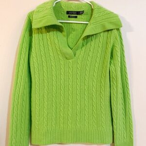 Ralph Lauren Women's Lime 100% Cashmere V-Neck Sweater